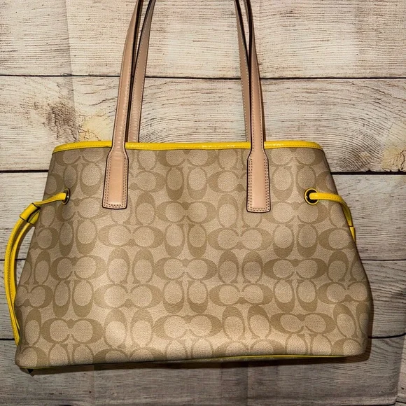 Coach Beige and Yellow Signature Drawstring Tote - Picture 4 of 12